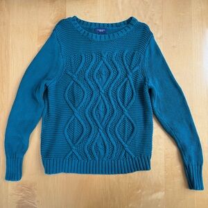 Lands' End Teal Drifter Cable Knit Crew Neck Sweater